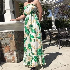 Tropical Green and White Strapless Maxi Dress